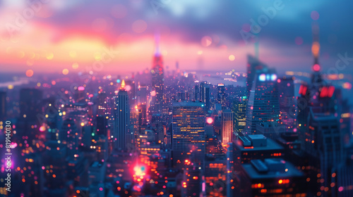 As twilight descends upon the cityscape, soft-focus lights cascade a dreamy glow over the skyline photo