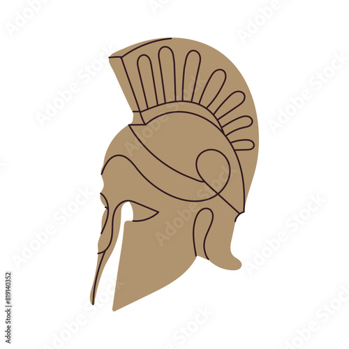 Greek helmet, military helmet, antiques roman helmet for head protection soldiers, vintage soldier armor to protect the head in battle isolated on white background flat vector illustration.