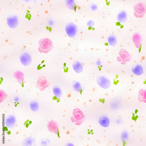 Seamless floral pattern with pink and purple watercolor flowers, perfect for background or textile design.