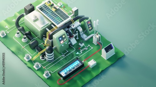 Geothermal heat pump connected to smart home devices, top view, highlighting green technology synergy, digital tone, Analogous Color Scheme