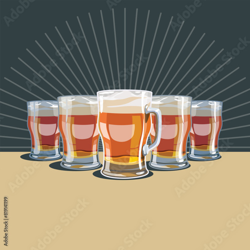 Glasses of beer in a row. Retro background with drinks for menus of bars, restaurants, pubs and cafes. Vector image of malt drinks in mugs. Brewing and craft beer illustration