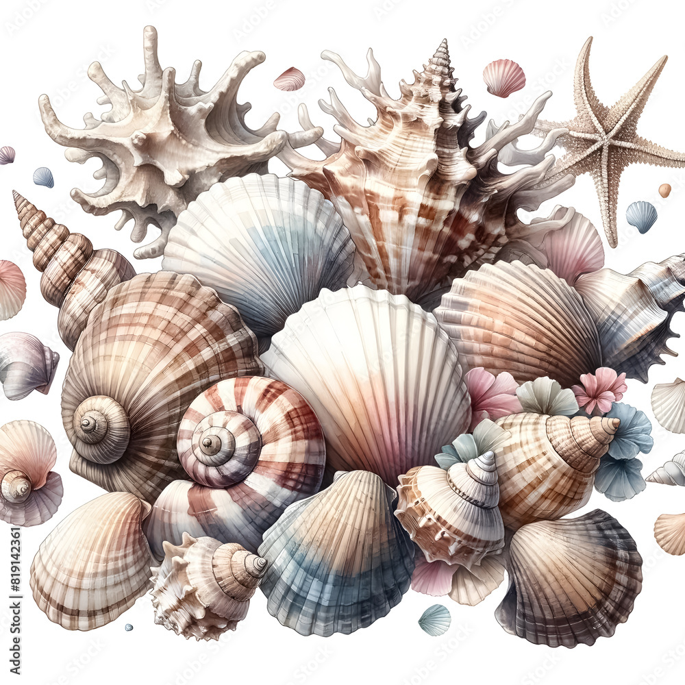 Seashell clipart in different shapes and sizes, An illustration for summer, rendered in watercolor style. Seashell clipart in different shapes and sizes, An illustration for summer, rendered in watercolor style.