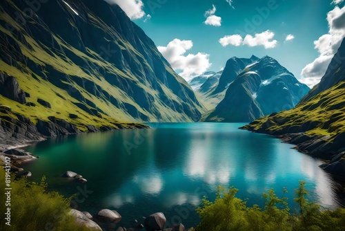 Set a serene Norwegian fjord surrounded by steep, lush mountains.