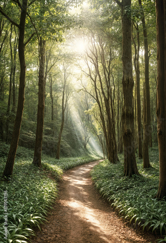 a path through a forest with sunlight shining through the trees