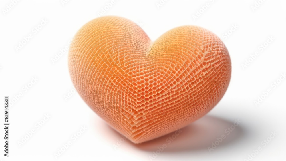 soft, textured heart in a gentle peach hue, displayed against a matching white background. heart has unique, almost knitted appearance with intricate detailing, creating sense of warmth and affection soft, textured heart in a gentle peach hue, displayed against a matching white background. heart has unique, almost knitted appearance with intricate detailing, creating sense of warmth and affection