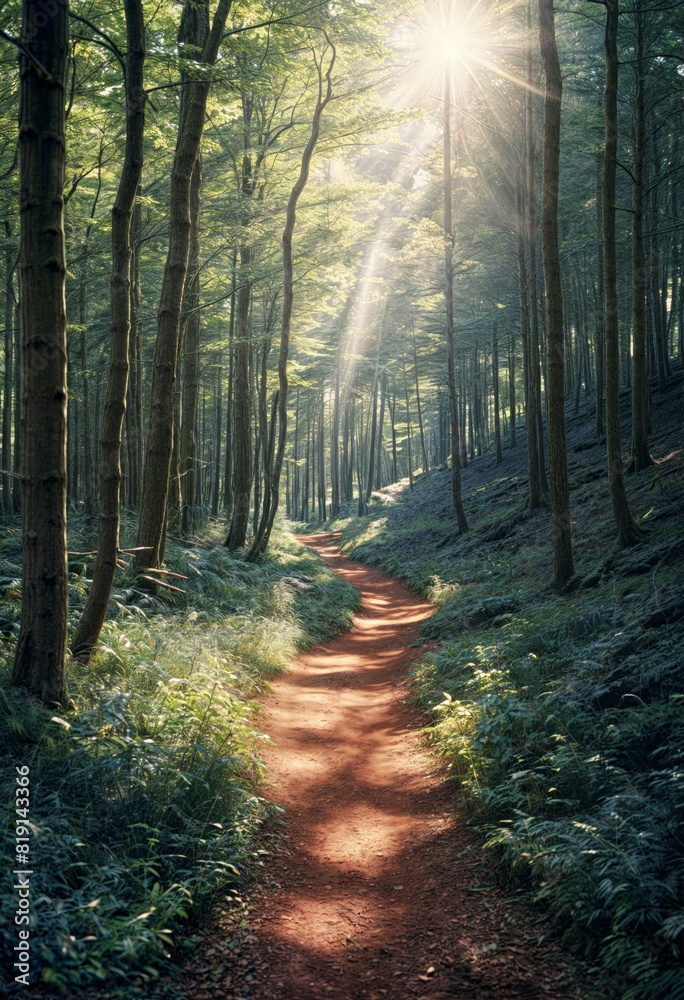 Fototapeta premium a path through a forest with sunlight shining through the trees