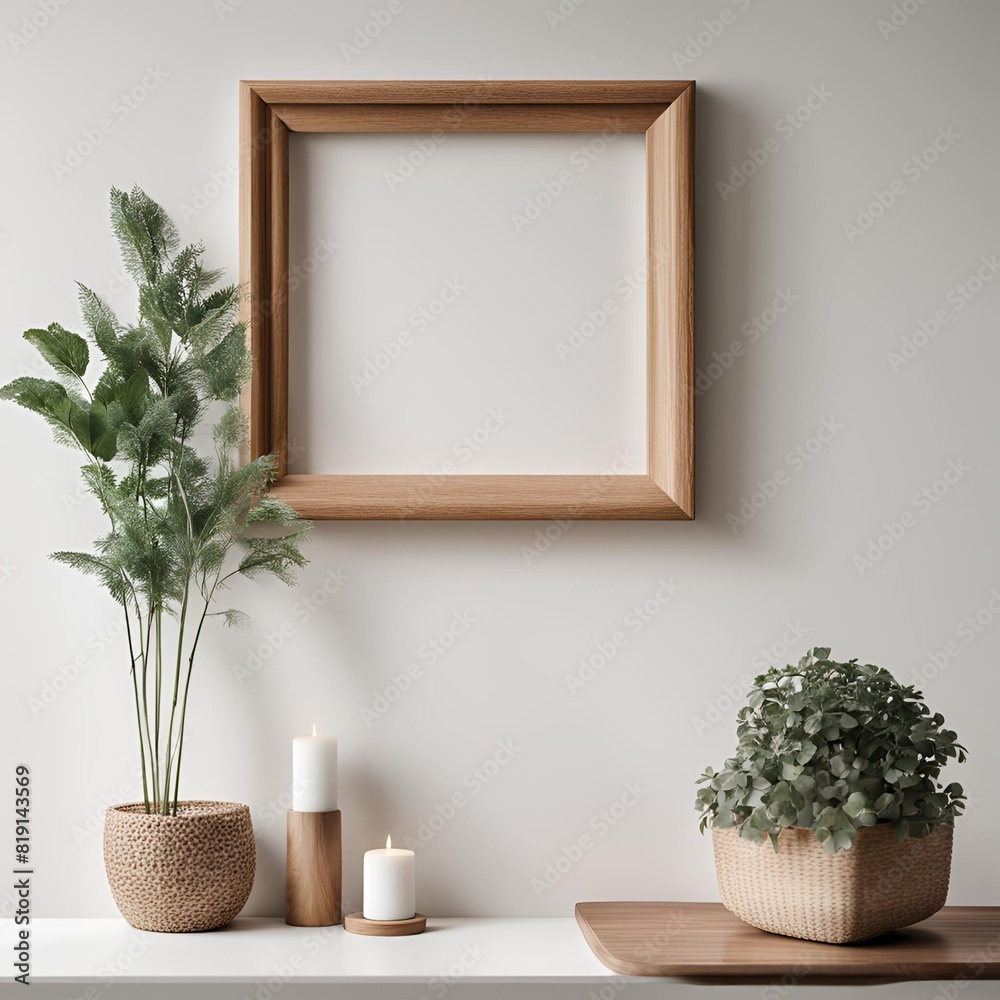 wooden frame on white wall, frame mockup