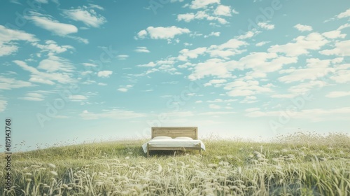 Lonely bed stand on grass dune hill with beautiful sky, surreal dreamlike landscape, minimal background