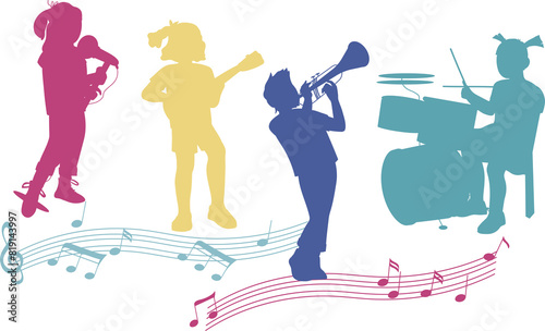 Multicolor silhouettes of children playing different music instruments. Children orchestra and musical classes banner backdrop design.