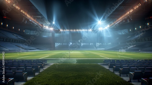 A central stage in a stadium with rows of vacant seats and bright flashes, ideal for showcasing products on the grassy playing field of a soccer game. photo