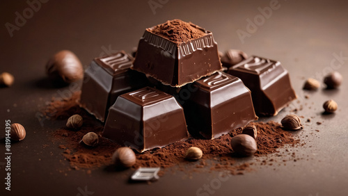 Chocolate bar, candy sweet, cacao beans and powder on wooden background 