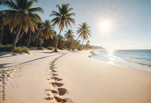 footprints on the beach with palm trees at sunset