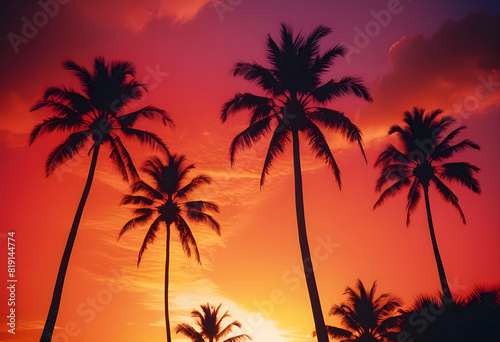 silhouette of palm trees in the red sunset sky