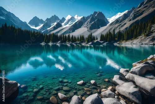 Go for a serene mountain lake with clear blue waters nestled among peaks. photo