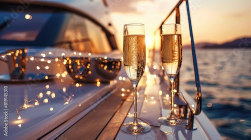Luxury evening party on cruise yacht with champagne setting photo