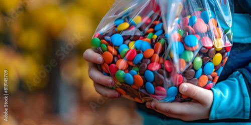 A close-up of a child's hand holding a bag of Halloween candy, showcasing the variety and vibrant colors
