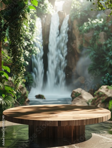 empty brown wooden podium on evergreen rain forest background with large waterfalls behind. Natural water product present placement pedestal counter display, spring summer jungle paradise concept.