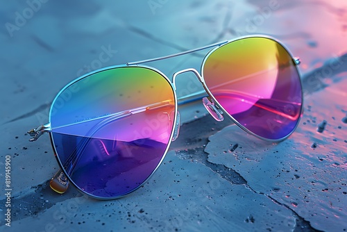A pair of aviator sunglasses with mirrored lenses reflecting the colors of the asexual pride flag. © Ibrar Artist