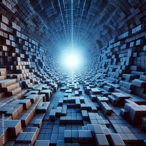 An abstract digital tunnel created by a multitude of shifting blue cubes, offering a sense of depth and digital transformation.. AI Generation