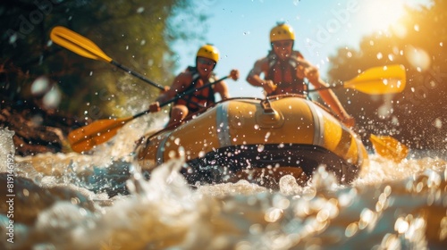 Whitewater Adventure, Friends rafting through exciting rapids, Paddles in hand, Water splashing around