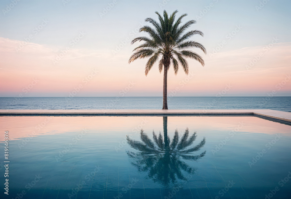 a palm tree is reflected in a pool at sunset a palm tree is reflected in a pool at sunset