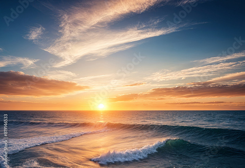 a beautiful sunset over the ocean with waves crashing on the shore © David Angkawijaya