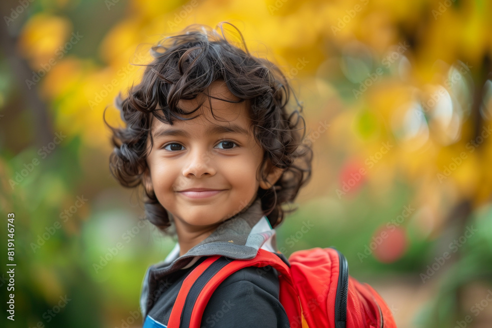 Happy Indian Boy with Backpack Outside Ready for Back to School or Hiking Adventure Happy Indian Boy with Backpack Outside Ready for Back to School or Hiking Adventure