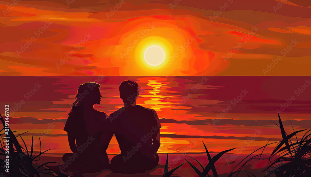 Fototapeta premium Happy Couple Watching the Sunset on the Beach - Experience a romantic moment with this image of a happy couple watching the sunset on the beach, perfect for illustrating romance and tranquility