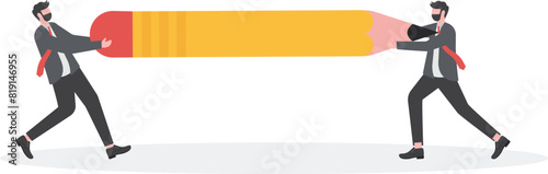 Competing ideas. Two businessmen help pull a pencil. vector
