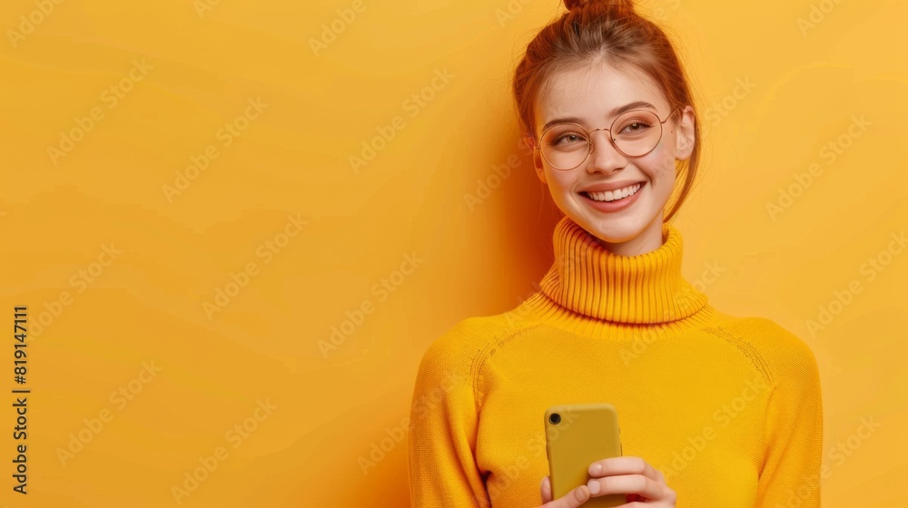 Woman with Yellow Turtleneck and Smartphone Woman with Yellow Turtleneck and Smartphone