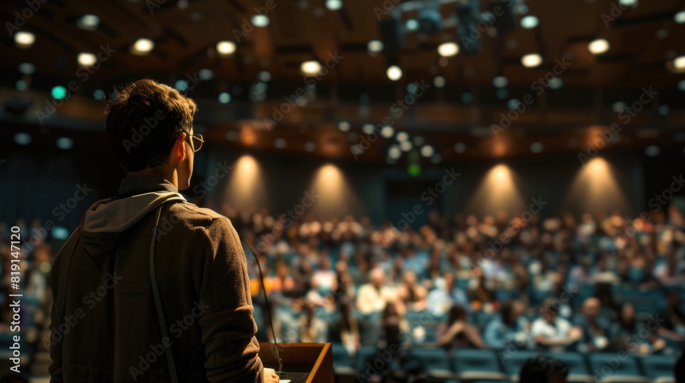 Male Asking a Question to a Speaker During a Q and A Session at an International Tech Conference in a Dark Crowded Auditorium. Male Asking a Question to a Speaker During a Q and A Session at an International Tech Conference in a Dark Crowded Auditorium.