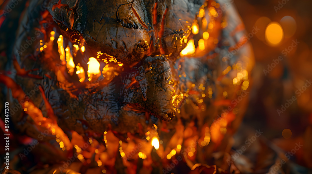 A close-up of a detailed jack-o'-lantern face, illuminated by a candle inside A close-up of a detailed jack-o'-lantern face, illuminated by a candle inside