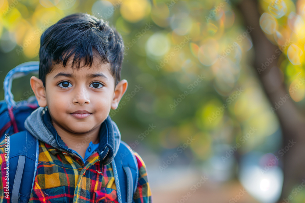 Serious Indian Boy with Backpack Outside Ready for Back to School or Hiking Adventure Serious Indian Boy with Backpack Outside Ready for Back to School or Hiking Adventure