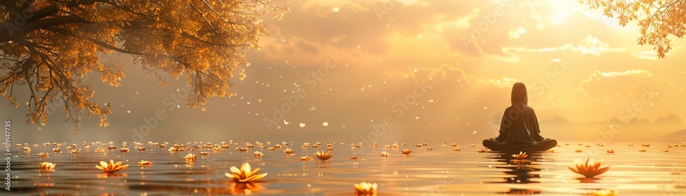 Relaxing atmosphere in a Zen garden, featuring a meditating silhouette against a backdrop of golden lotus flowers and calm waters, with copy space for peaceful reflections 8K , high-resolution, ultra Relaxing atmosphere in a Zen garden, featuring a meditating silhouette against a backdrop of golden lotus flowers and calm waters, with copy space for peaceful reflections 8K , high-resolution, ultra