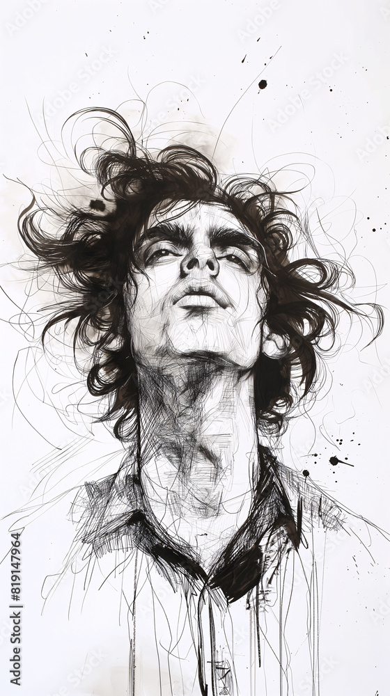 A portrait of an attractive young man with curly hair, ink drawing, energyfilled illustrations with dynamic brushstrokes. Black ink on paper with a white background.