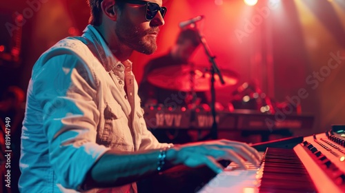 Man in sunglasses playing on electronic keyboard.
