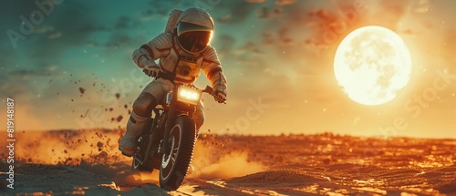 Anonymous astronaut in a sleek spacesuit and helmet, riding a motorbike across a sandy planet under a bright full moon, creating a surreal exploration scene 8K , high-resolution, ultra HD,up32K HD photo