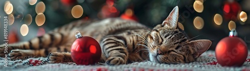 A festive and romantic setting featuring a lovable cat lying beside a pawshaped ornament, capturing a moment of affectionate rest, designed with copy space for heartfelt stories 8K , high-resolution,  photo