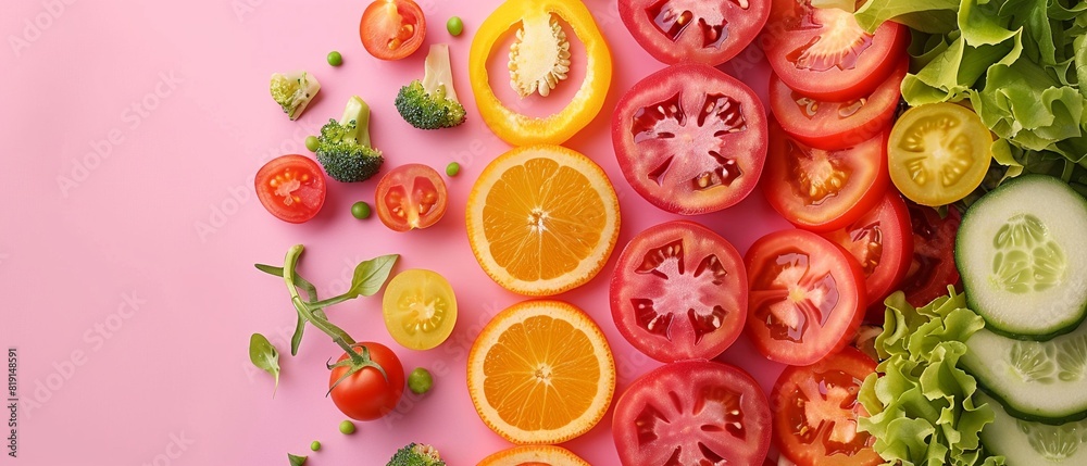 Trendy geometric shapes made from sliced colorful vegetables, presented in a minimal layout on a pastel background, highlighting vitamin content with designated copy space 8K , high-resolution, ultra Trendy geometric shapes made from sliced colorful vegetables, presented in a minimal layout on a pastel background, highlighting vitamin content with designated copy space 8K , high-resolution, ultra