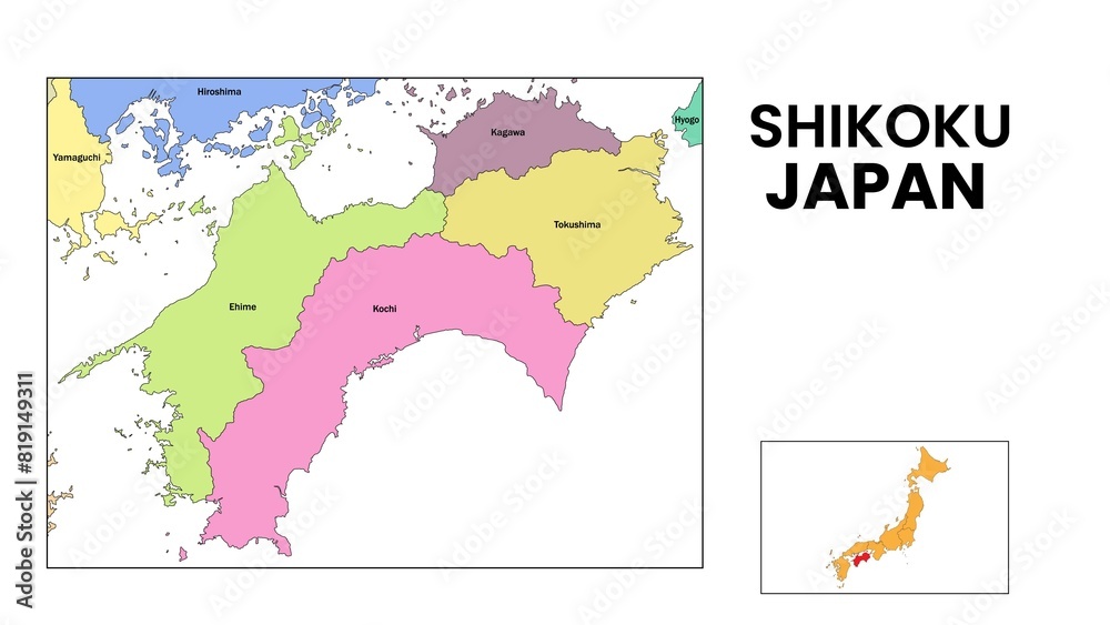 Shikoku Map. State and district map of Shikoku. Detailed colourful map of Shikoku.