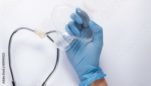 Abdominal convex adult ultrasound probe held in left hand in semi transparent latex glove  white background. AI generated