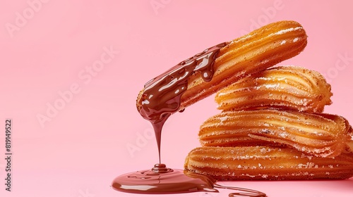 Delicious hot chocolate falling on some crispy churros, plain background.