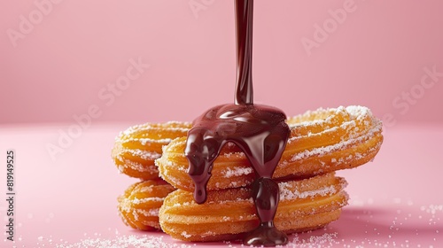 Delicious hot chocolate falling on some crispy churros, plain background.