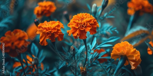 Marigold flowers or tagetes marigolds or ganda. Orange flower in garden photo