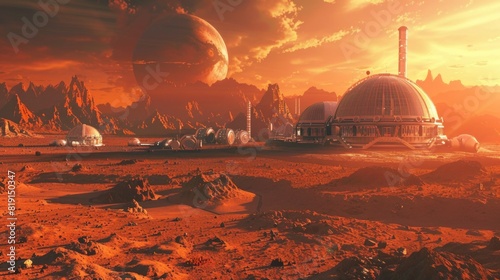 Fototapeta Naklejka Na Ścianę i Meble -  Mars the Red Planet Colonization with High Technology Base Landscape Concept.