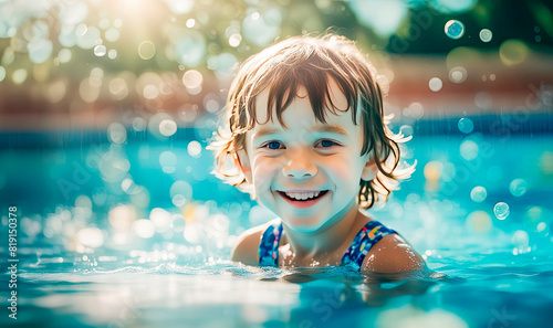 Happy kid boy swim and dive underwater  kid with fun in pool. Active healthy lifestyle  water sport activity and swimming on summer vacation with child.