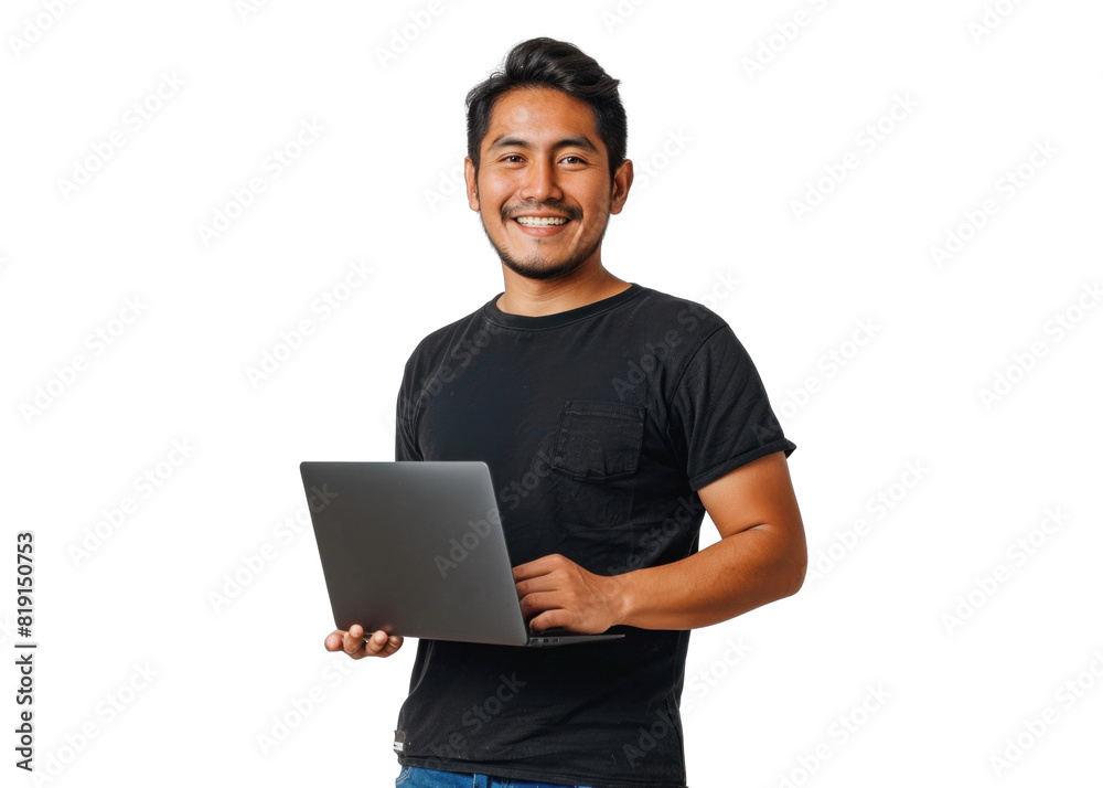 Smiling Man with Laptop on Transparent Background Smiling Man with Laptop on Transparent Background