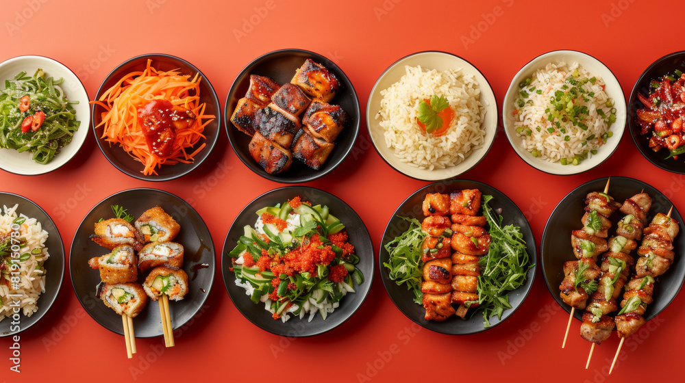 Photo of dish composition of Chicken Yakitori, Fried Rice, Dragon Roll, Pad See Ew in plates on served table put on orange background in restaurant Photo of dish composition of Chicken Yakitori, Fried Rice, Dragon Roll, Pad See Ew in plates on served table put on orange background in restaurant