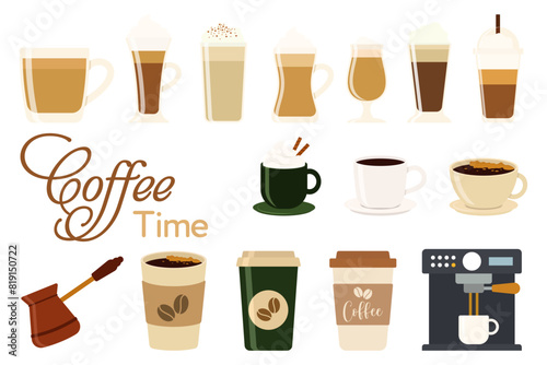 Hot and cold coffee beverage. Different types of drinks set. Espresso, americano cup, cappuccino and latte in paper mug, iced macchiato in glass. Flat