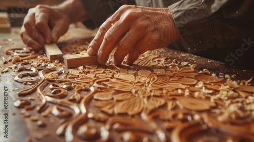 Master carves a pattern on wood in carpentry workshop. Close-up woodworking photo